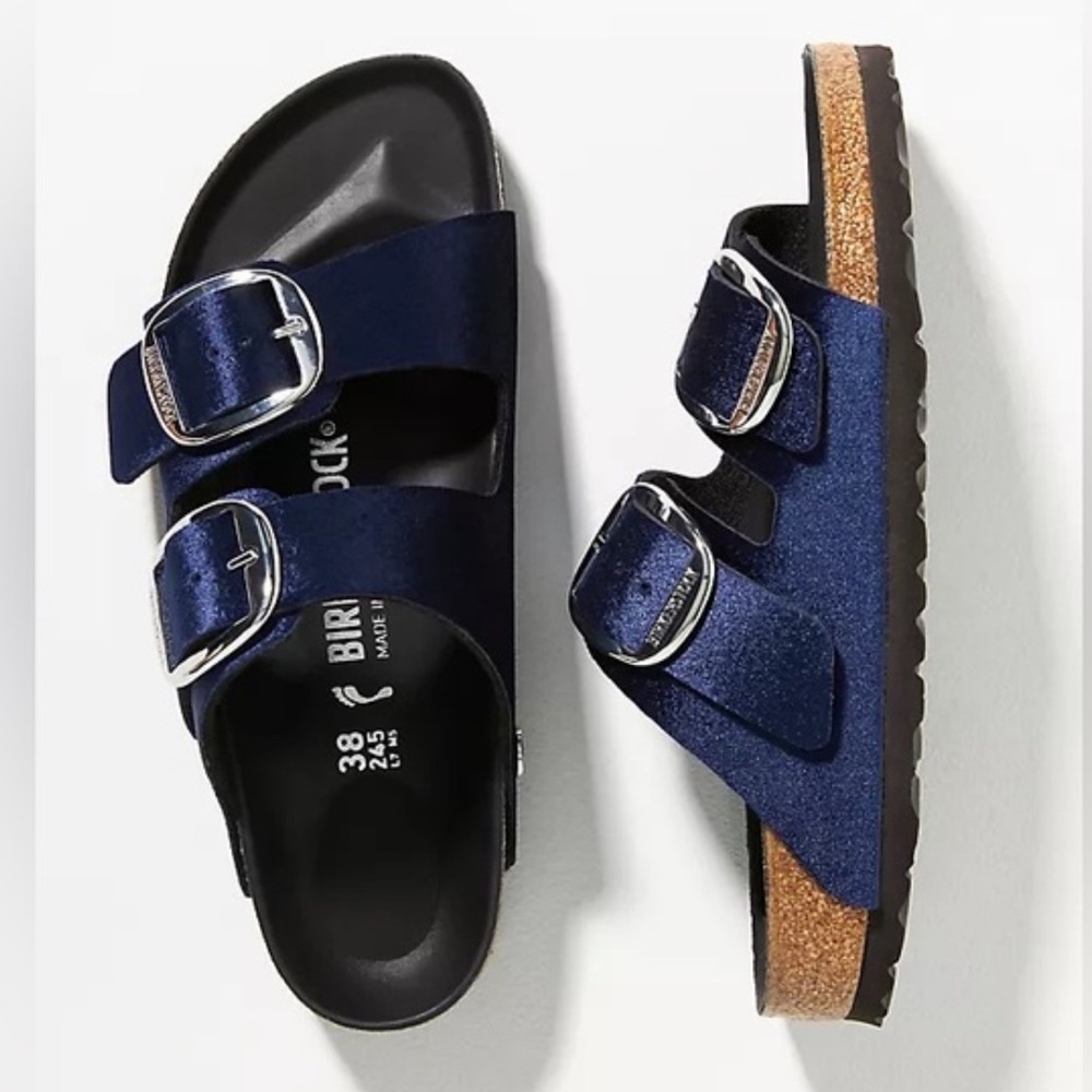 Birkenstock Navy Velvet Sandals with Silver Buckles